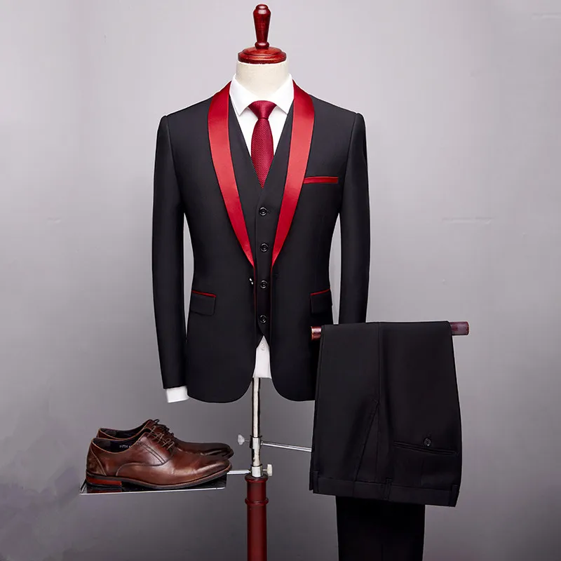 

2019 Fashion New High quality Mens Black Formal Suits 3 Pieces Wedding Groom Tuxedos Prom Red Shawl lapel Slim Fit Men's Suits