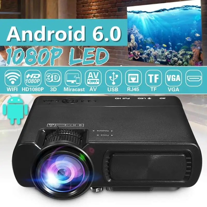 Мини-проектор T5 lcd 7000 люмен 1080P Full HD Wifi bluetooth домашний кинотеатр Android 6,0 аудио динамик для домашнего кинотеатра