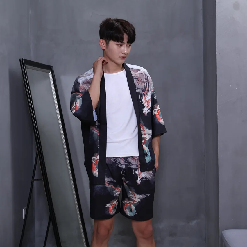 

Saurai Man Japanese Cardigan Haori Harajuku Ukiyo-e Print Retro Dragon Summer Beach Wear Coat+shorts Woman Kimono Set