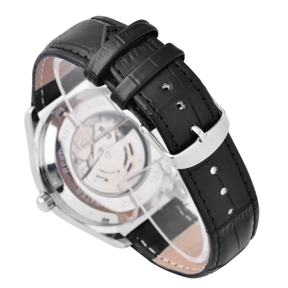 FLENT Для мужчин автоматические часы кожаный ремешок Дата Дисплей мода механические наручные часы