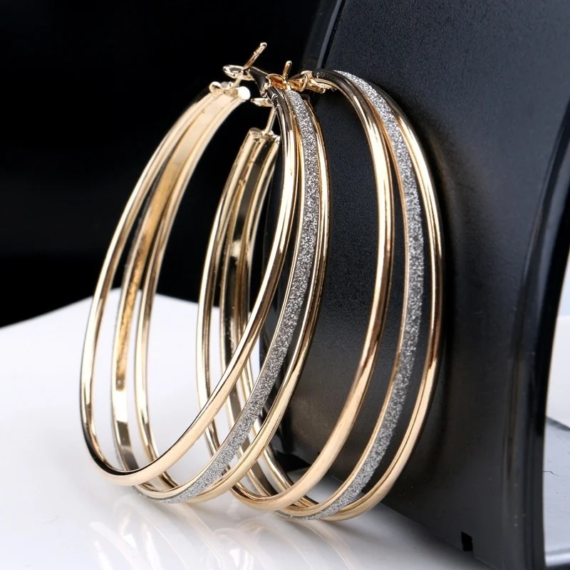 

Hiphop 6cm Multi-layer Scrub Big Earings Gold / Silver Large Hoop Earrings for Women Round Earings Fashion Jewelry