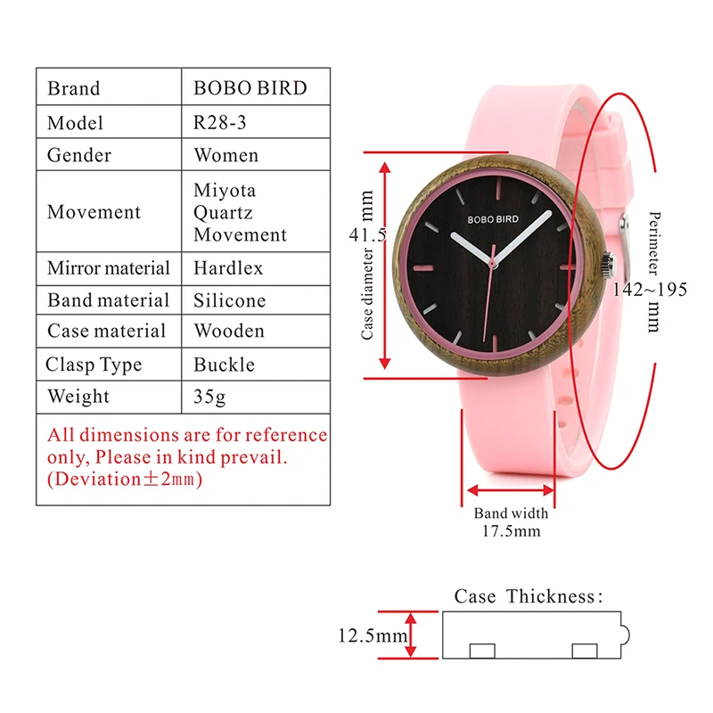 Drewniany różowy zegarek Bobo Bird Round R28-3 parametry
