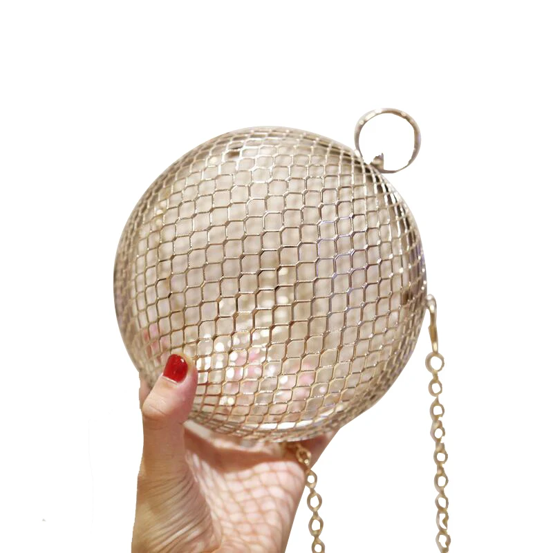 Ladies Hollow Clutch Cage Bag Ball Shape Handbag Evening Party Metal Chain Bags 