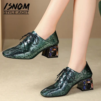

ISNOM Crystal Heels High Pumps Women Lace Up Pumps Emboss Sheepskin Mules Shoes Female Square Toe Colorful Shoes Ladies Autumn
