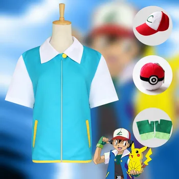 

High Quality Pokemon Ash Ketchum Cosplay Costume Blue Jacket + Gloves + Hat +Ball Ash Ketchum Costumes