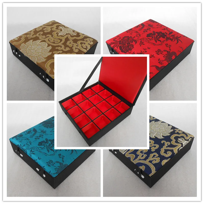 

Boutique 16 Grid Wooden Box Jacquard Silk brocade Earring Stud Pendant Packaging Case 10piece/lot
