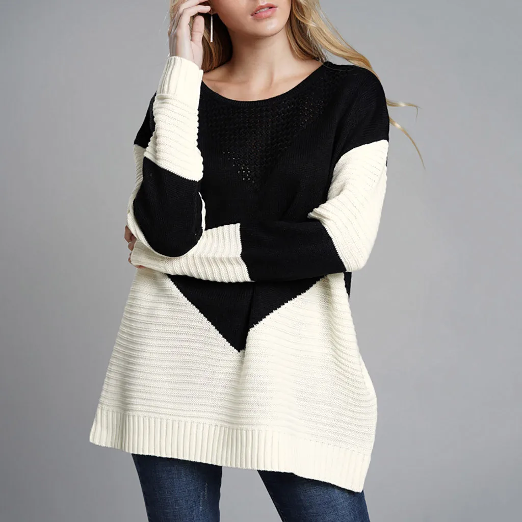 

JAYCOSIN Sweater Women Knitted Autumn Loose Casual Long Sleeve Thin Sweaters Womans Round Neck Spliced Sweater mujer 19JUL23