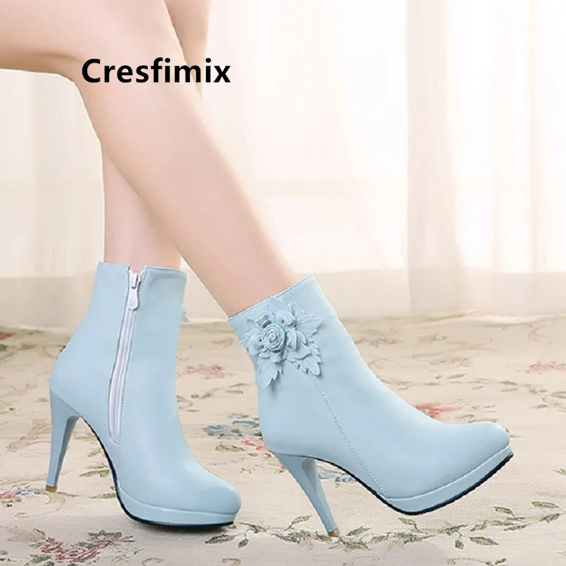 

Cresfimix women fashion pointed toe floral high heel boots ladies casual blue boots autumn & winter boots Frauen Stiefel a6047