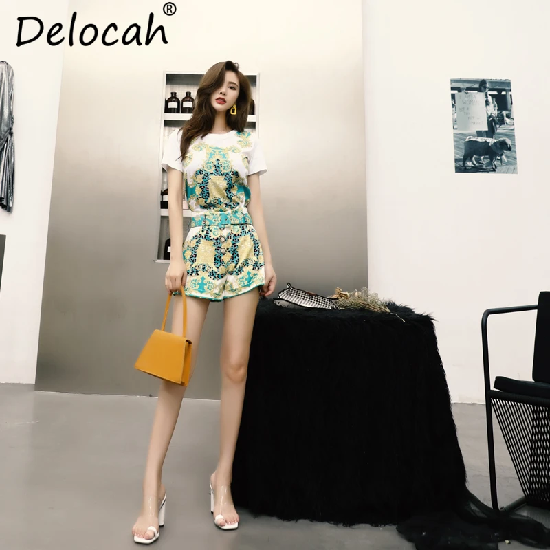 

Delocah Women Spring Summer Skirt Runway Fashion Short Sleeve Leopard Printed T-shirt and Casual Sashes Shorts Two Pieces Set