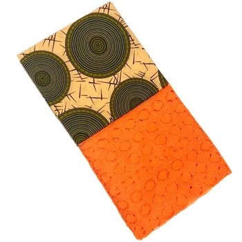 

Hot African Fabric Ankara African Cotton Wax Prints Fabric+Orange Guipure Cord Lace Fabric for Wedding Party Dress 2.5+3yards