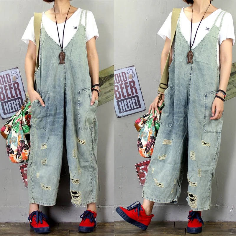 

Free Shipping 2019 New Fashion Ankle Length Overalls Denim Loose Jumpsuits And Rompers Plus Size Jumpsuits With Holes For Women