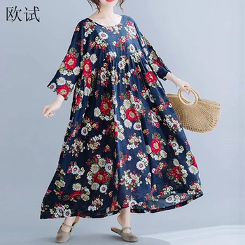 

Plus Size Dresses for Women 4XL 5XL 6XL 7XL Robe Vintage Floral Print Maxi Dress Big Cotton Loose Casual Summer Long Dress 2019