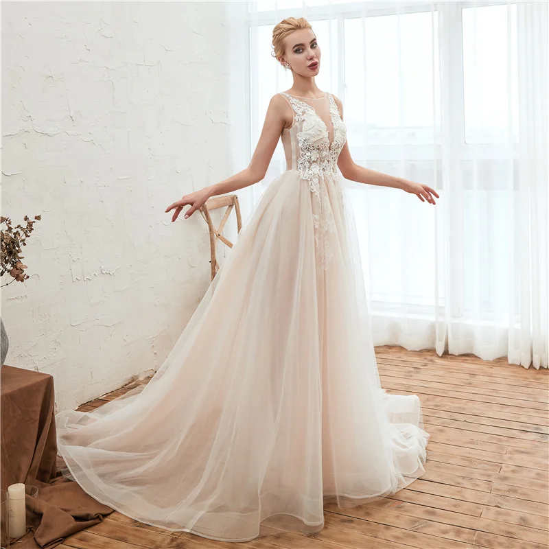 

2019 Simple Wedding Dress Puffy Tulle A-line Bridal Gown Appliques Lace V-neck Wedding Gown Vestido de Noiva Robe De Mariee