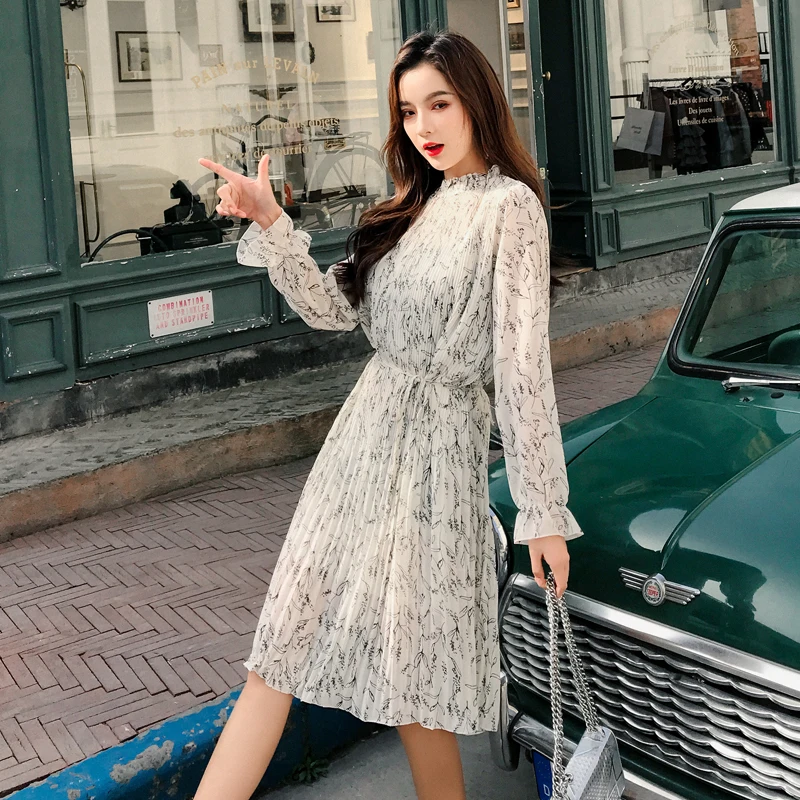 

New Woman chiffion dress Long-sleeve pleated stand neck yellow pink white elegant casual autumn vintage mid dresses female