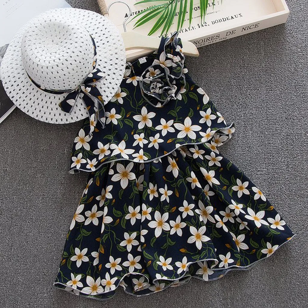 

2PCS Princess dress summer Toddler Baby Kids Girls Sleeveless Flowers Princess Dresses Bow Hat Outfits girl clothes HOOLER