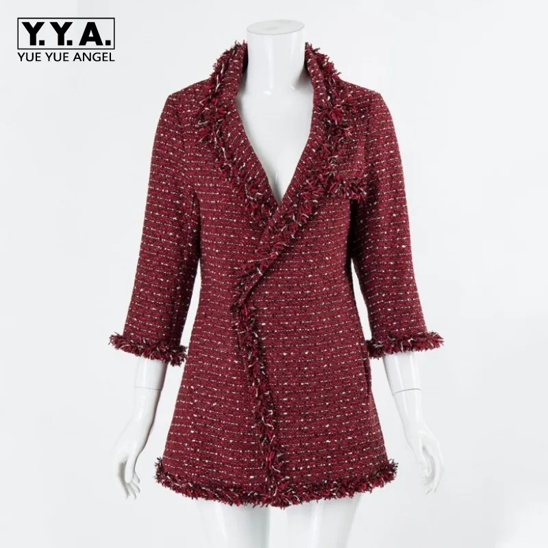 

Fall Womens Half Sleeve Red Tweed Jacket Spring V-Neck Braided Ladies Jackets Slim Medium Length OL Chic Women Coat Outwear