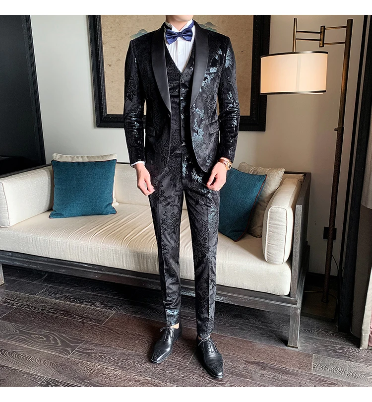Black Navy Blue Velvet Suit Men Luxury Slim Fit Mens Velour Suits