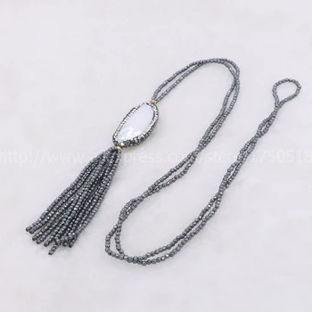 

Natural pearl druzy necklace handcrafted 2mm hematite chain with tassel 32" necklace gems for women 778