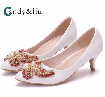 

Crystal Butterfly Wedding Shoes Large Size Pointed Toe Slip-on Chunky Spike Heel Women Pumps for Party Banquet Evening Dress