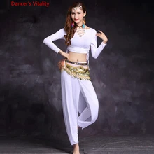 Качественный костюм для танца живота комплект одежды для танца живота индийский комплект марлевые брюки брюки цвет блока комплект топ и брюки и пояс