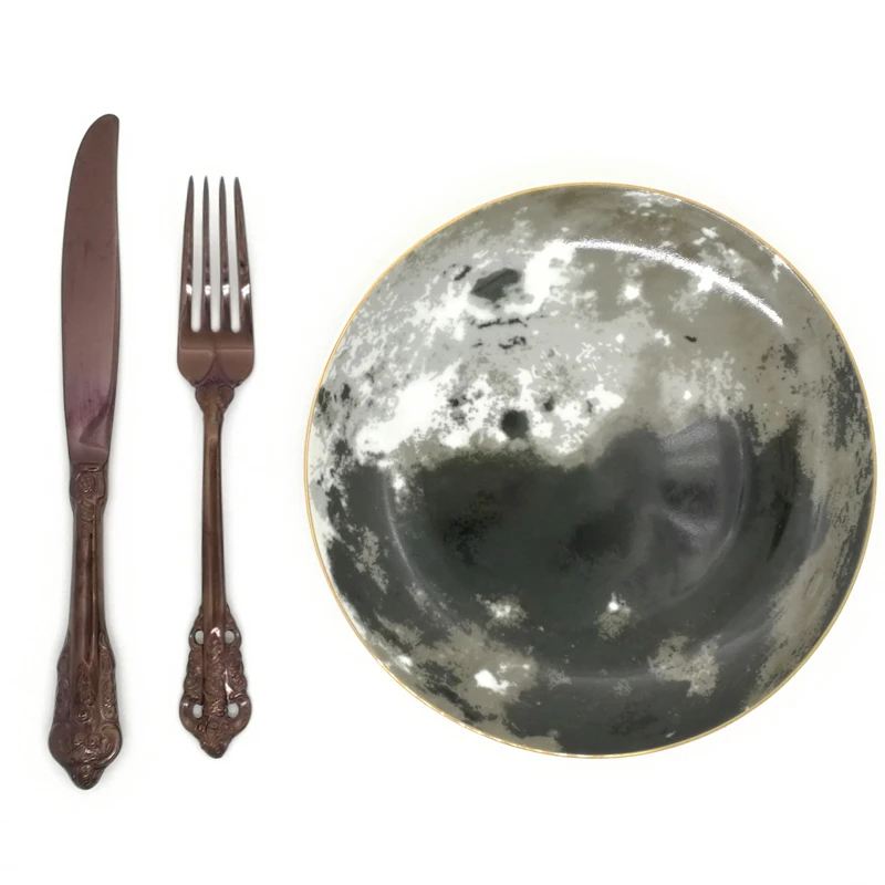 Стильная черная тарелка Луна плоское блюдо ручная роспись съедобный десерт салат фрукты тарелка посуда звездное небо еда лоток круглые блюда 1 шт