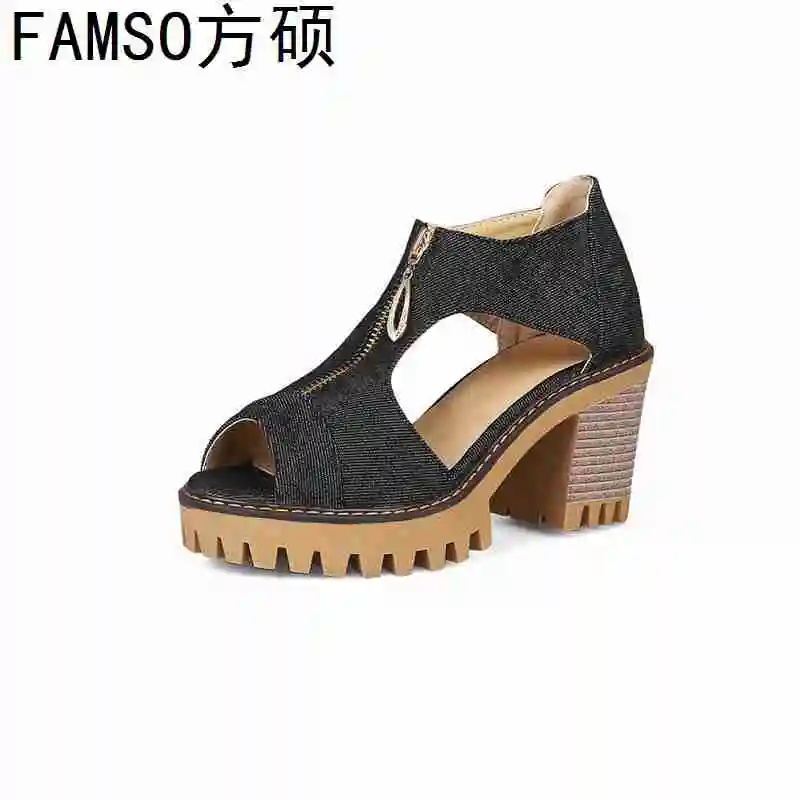 

FAMSO 2019 New Shoes For Women High Heels Peep toe Cut-outs Denim Zipper Office Lady Sandals Summer Platforms Pumps For Women's