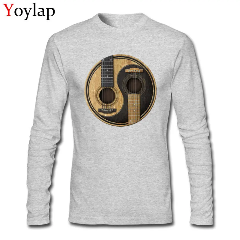 T-shirts Long Sleeve Summer Fitted Custom Round Collar 100% Cotton Student Summer Autumn Tops Tees Summer Tee Shirts Old and Worn Acoustic Guitars Yin Yang grey