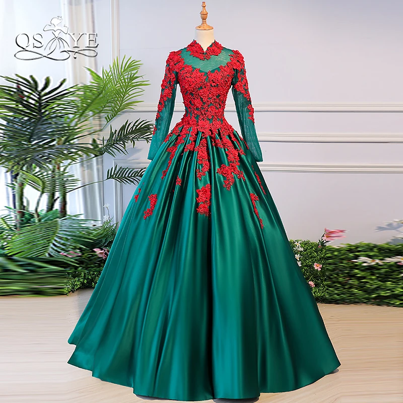 QSYYE 2019 Ball Gown Prom Dresses Red Lace with Beads Long Sleeves Green Satin Floor Length Formal Evening Dress Party Gowns | Свадьбы и