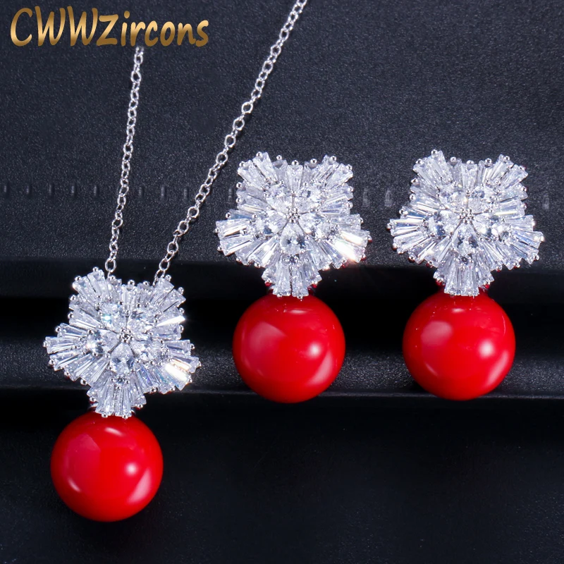 

New Fashion Jewelry Cubic Zircon Flower With Big Red Pearl Pendant Necklace And Earrings Set For Ladies Best Friend Gift T209