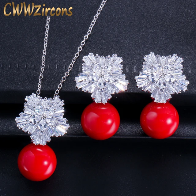 Cww New Fashion Jewelry Cubic Zircon Flower Red Pearl Pendant Cww New Fashion Jewelry Cubic Zircon Flower Red Pearl Pendant Necklace And Earrings Set For