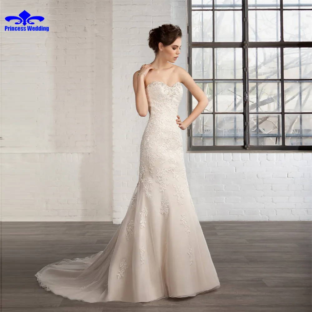 New Sexy Lace-up Crystal Chapel Train Vestidos Sweetheart Lace Beaded Applique Hot Sale Celebrity Mermaid Wedding Dresses 2017
