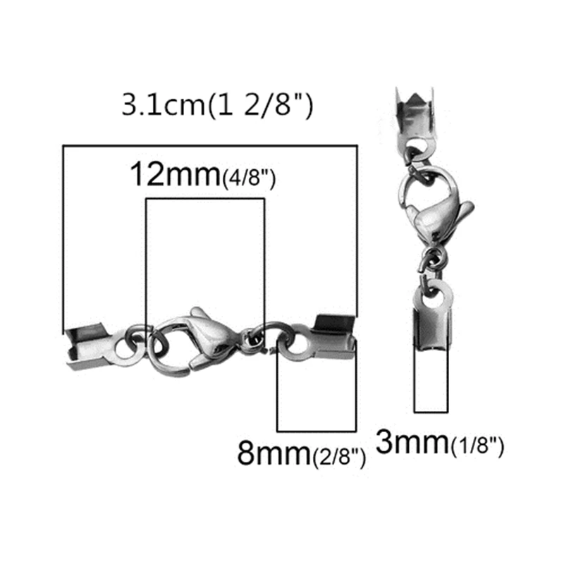 Шампуры из нержавеющей стали шнур Конец Обжимные колпачки для ювелирных изделий ожерелье браслет Прямоугольник Серебряный тон с застежкой омар, 10 шт