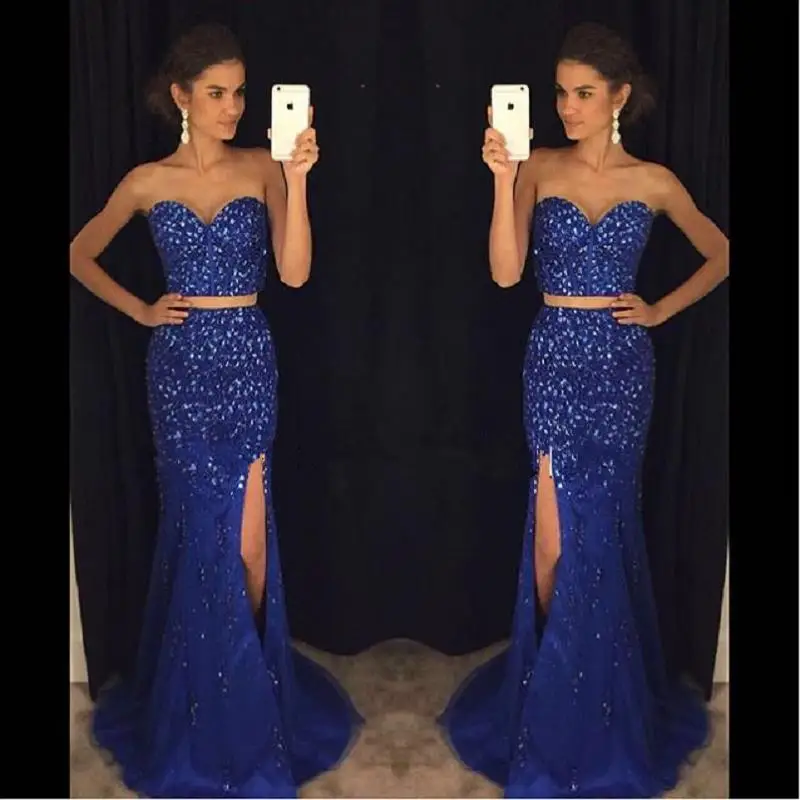 Роскошные Русалка из двух частей Выпускные платья Vestidos de gala бисером с украшением в виде кристаллов Милая сторона Разделение импортные вечерние туфли под платье