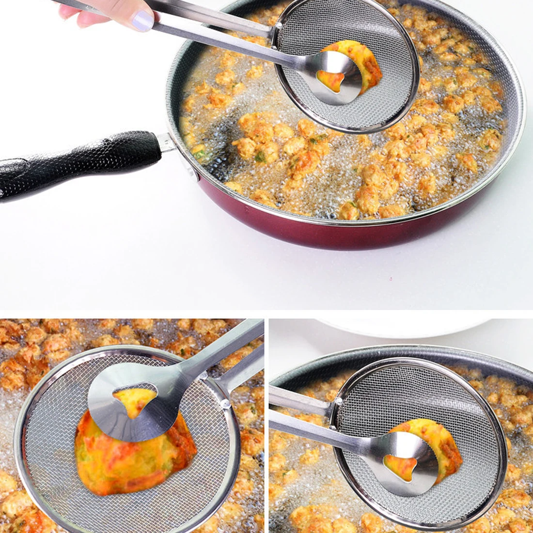 

Cooking Serving Food Clip Tong Stainless Steel Drain Oil Fried Food Strainer BBQ Salad Buffet Tool Kitchen Frying Mesh Colander