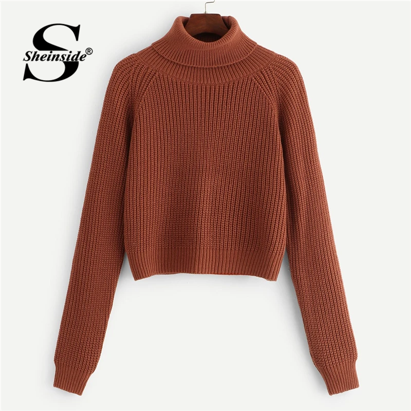 Sheinside Black Coffee Crop Sweater Women Pullovers Roll Neck Raglan Sleeve Jumper Fall Winter Tops For Womens Knitted Sweaters