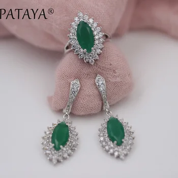 

PATAYA Multicolor Jewelry Set True White Gold Double Layer Cone Natural Zircon Earrings Ring Sets Bridal Wedding Fine Jewelry