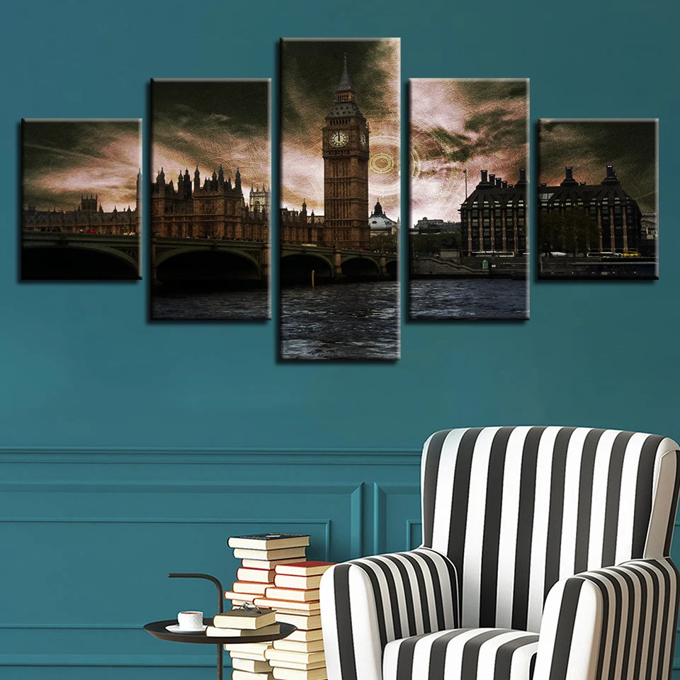 Home Decor Living Room Wall Art Painting 5 Panel Architectural Big Ben Landscape Modular Pictures HD Printed Modern Canvas