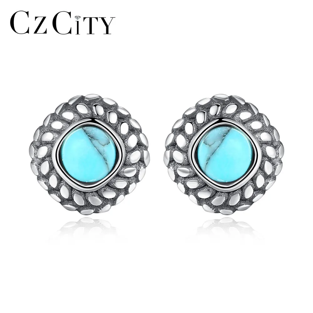 

CZCITY New Authentic 925 Sterling Silver Bohemia Turquoise Stud Earrings for Women Vintage Original Earrings Thai Silver Jewelry