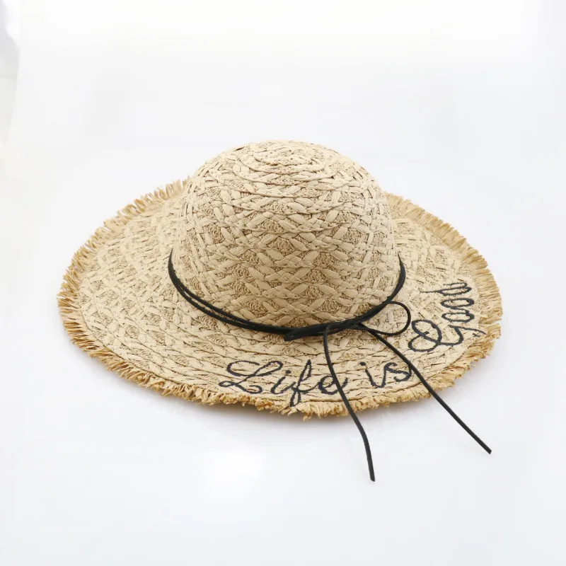 

Summer Women Children Letters Embroidery Straw Sun Hat Wide Brim With Ribbon Trim Beach Cap UV Protection Raffia Hats
