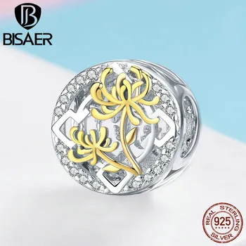 

BISAER 925 Sterling Silver Flower Charms Blooming Tree Leaves Leaf Buds Banboo eads fit racelets Sterling Silver Jewelry EFC045