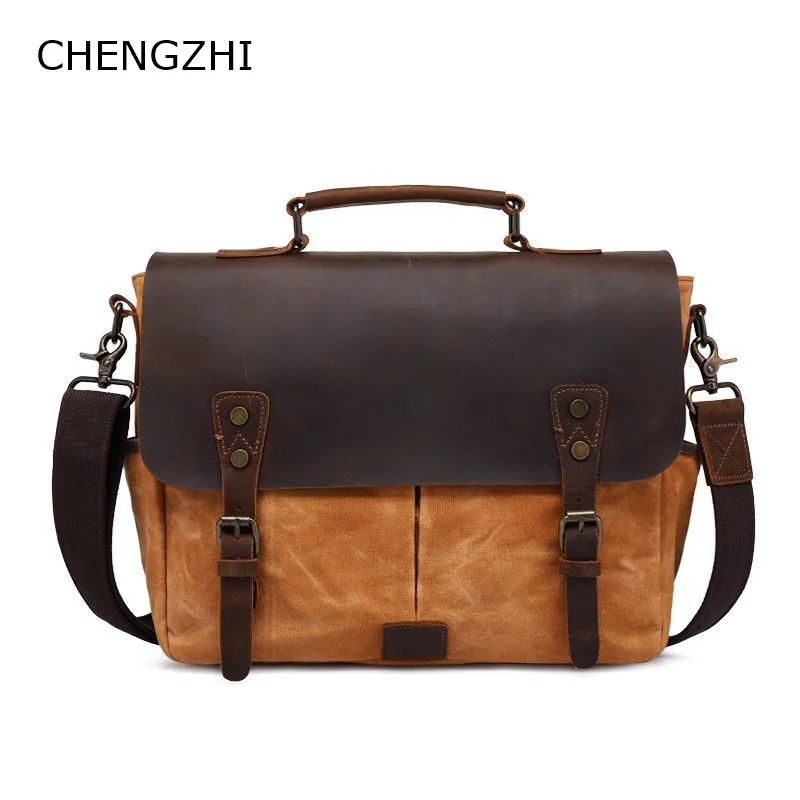 

CHENGZHI Top Grade Men's Vintage Crazy Horse Leather Briefcase Messenger Shoulder Portfolio Laptop Bag Case Handbag