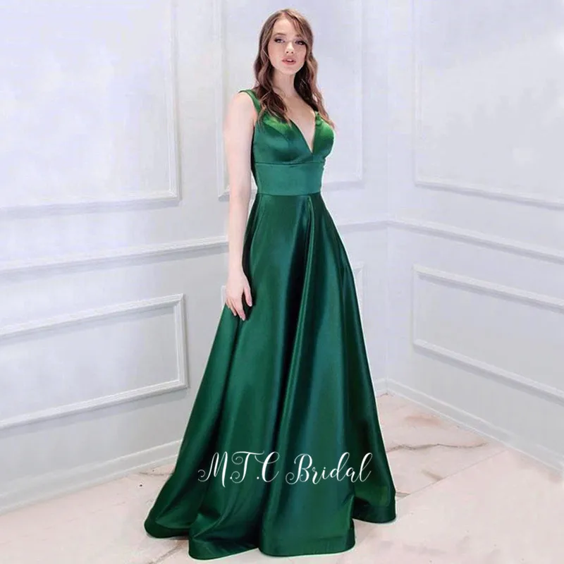

V Neck Dark Green Long Simple Evening Gowns 2019 A Line Floor Length High Quality Satin Prom Dresses Cheap Wedding Party Dress
