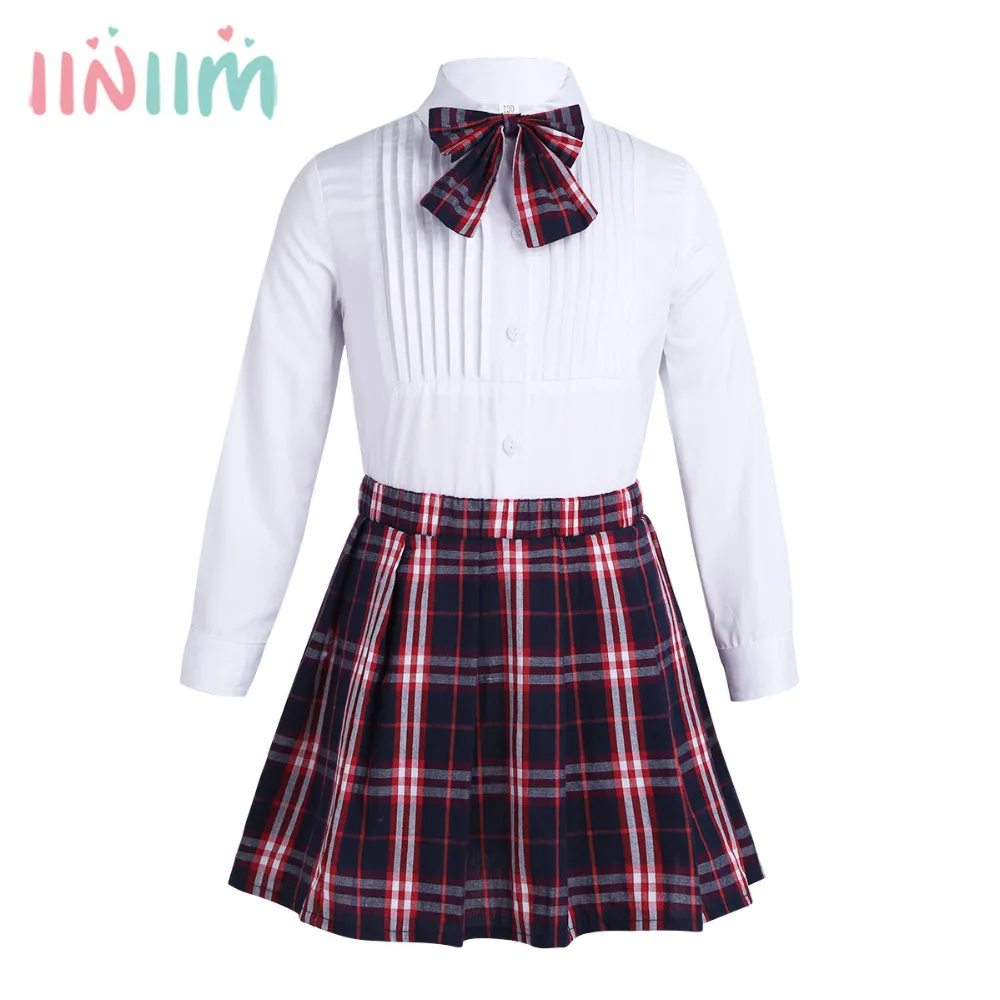 

Beautiful Girls Autumn Outfit School Formal Clothing Kids Teen Long Sleeves Lapel Pleated Shirt with Plaid Skirt Bow Tie Set