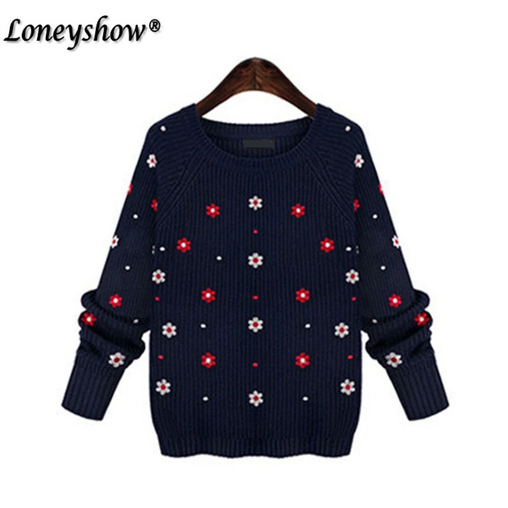 

Autumn Winter Sweater Women O-Neck Casual Flowers Pullovers Solid Jumper Knitted Basic Sweaters Navy Blue Beige