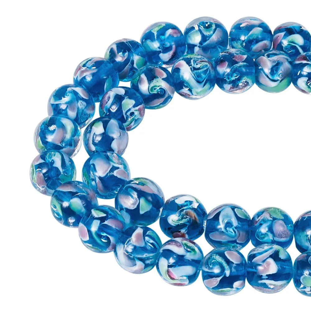 

10mm Pearlized Handmade Inner Flower Lampwork Glass Loose Round Bead Strands, DodgerBlue, Hole: 1mm; about 40pcs/strand, 15.3"