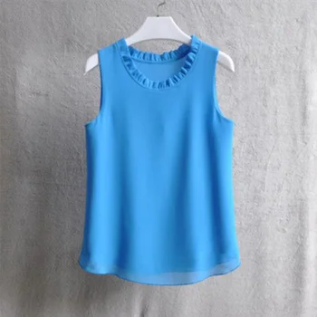 

Women Sleeveless Chiffon Ruffles Blouses O-neck Breathable Female Shirts 2019 Summer Fashion Solid Multi Colors Ladies Tank Tops