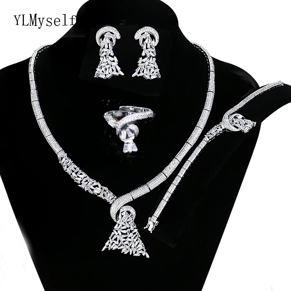 

Luxurious wedding jewelry sets white Necklace+Bracelet+earrings+free sizes ring large 4pcs dubai jewellery set