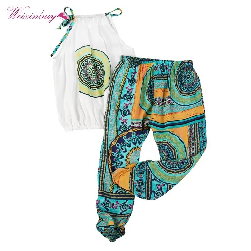 

WEIXINBUY Toddler Kids Girls Summer Bohemia Beach Outfits Set Floral Vest+Long Pant Baby Girls Clothing Sets