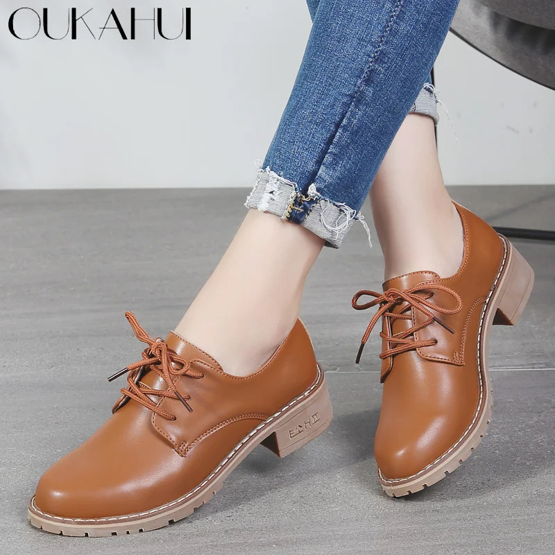 

OUKAHUI British Style Oxford Shoes For Women Genuine Leather Ladies Lace-Up Med Square Heel Shoes Flat Fashion Casual Shoes Lady