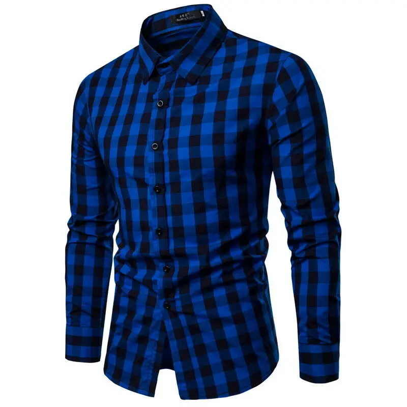 

New Fashion Mens Luxury Casual Plaid Stylish Slim Fit Long Sleeve Business Dress Shirts Blue Green Red Yellow